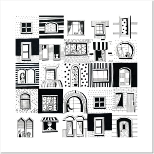 Town houses, windows and people. Black and white graphics ink sketch Posters and Art